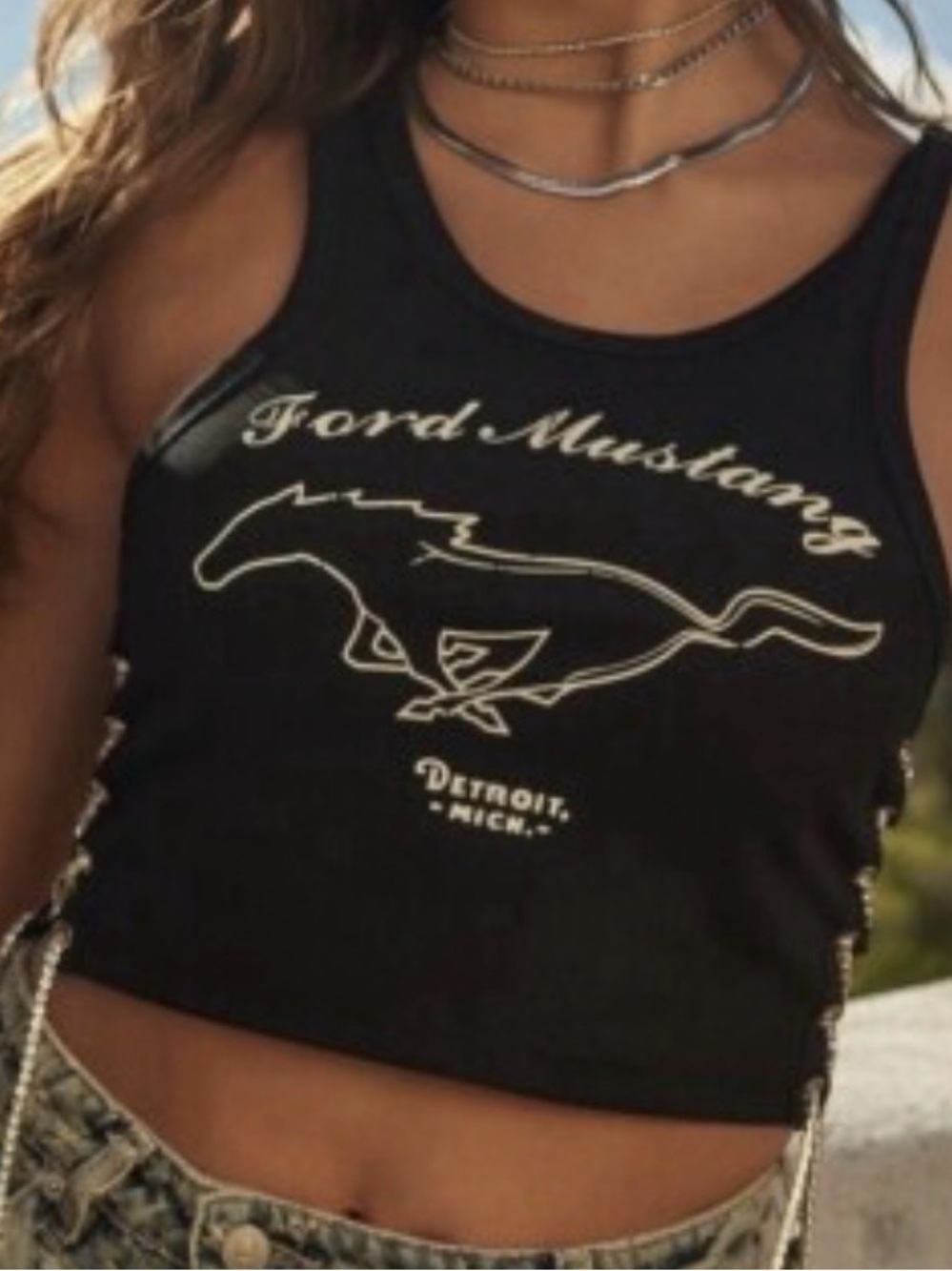 Forever 21 x Ford Mustang Rhinestone Lace-Up Cropped Tank Top